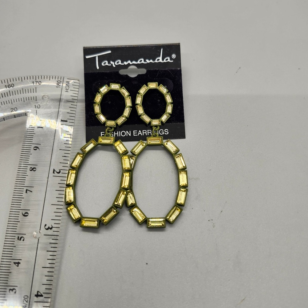 Taramanda Dangle Drop Oval Earrings 2.5 Baguette Rhinestone Gold Olive Green - Picture 2 of 3